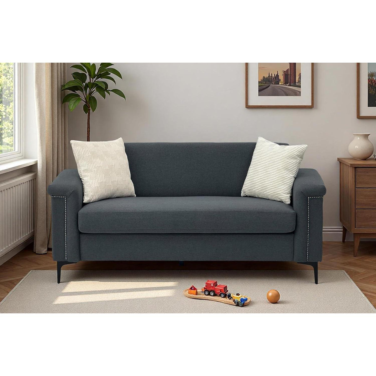 Kleine 2-Sitzer Couch Dunkelgrau – Modernes Leinen Sofa