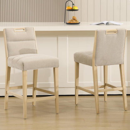 Barhocker 2er Set Chenille mit Fußstütze, Beige