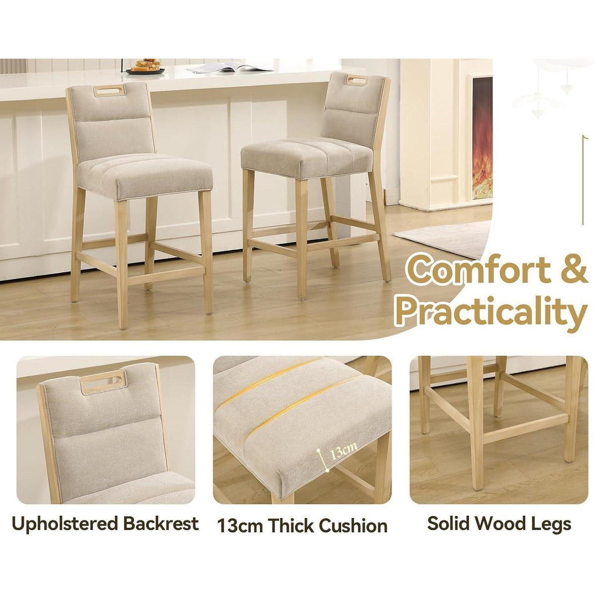 Barhocker 2er Set Chenille mit Fußstütze, Beige