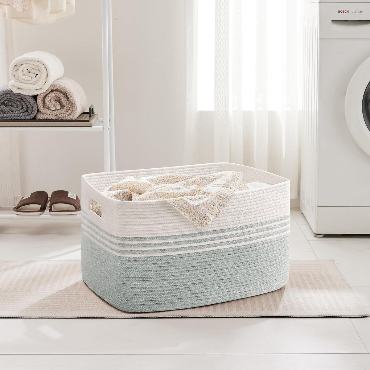 Geflochtener Wäschekorb Baumwolle 45L – Weiß & Grün