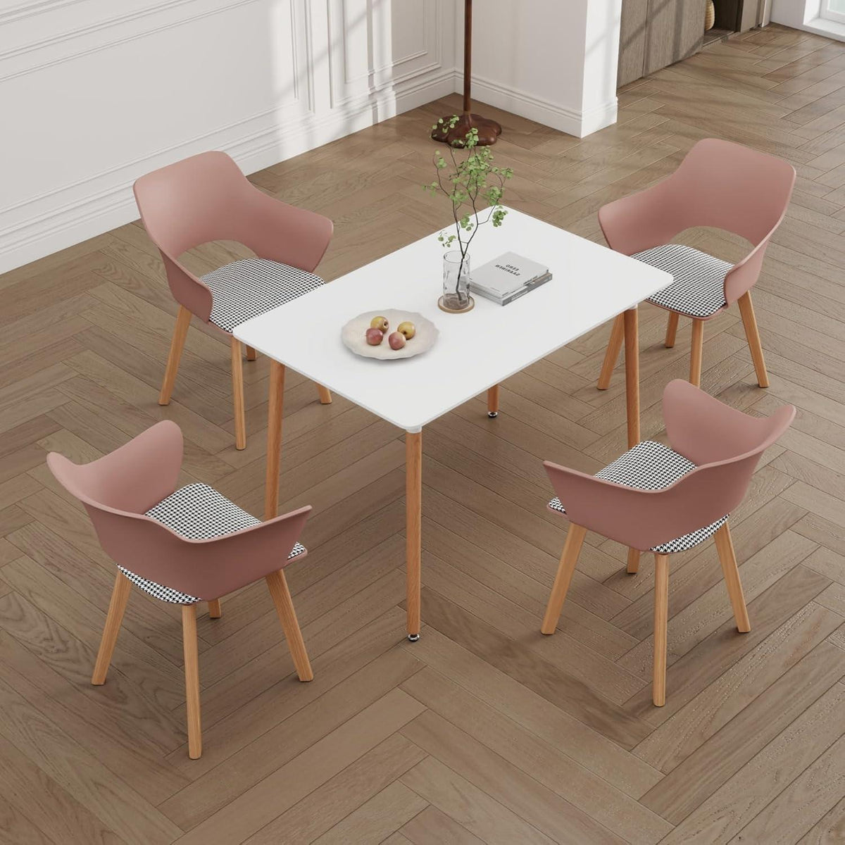 8 Esszimmerstühle mit Stoffpolster & Massivholzbeinen - Bohnenpastell