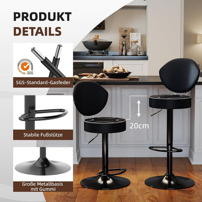 Höhenverstellbarer Barhocker mit Rückenlehne – 2er Set Schwarz
