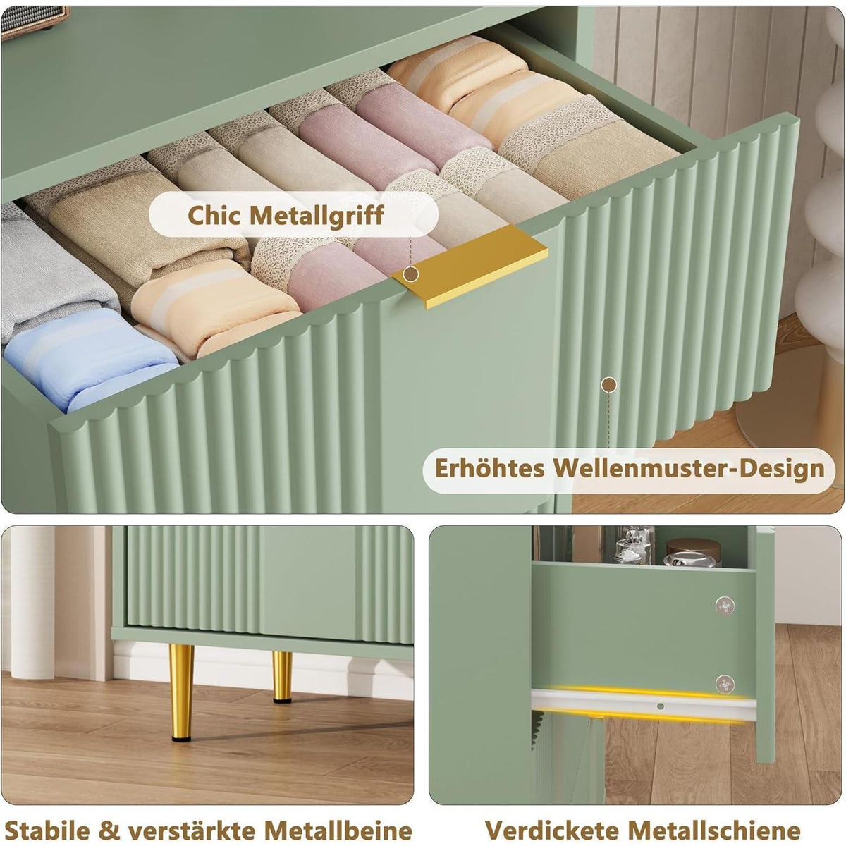 Kommode mit 4 Schubladen, Olivgrün – Schlafzimmer & Wohnzimmer