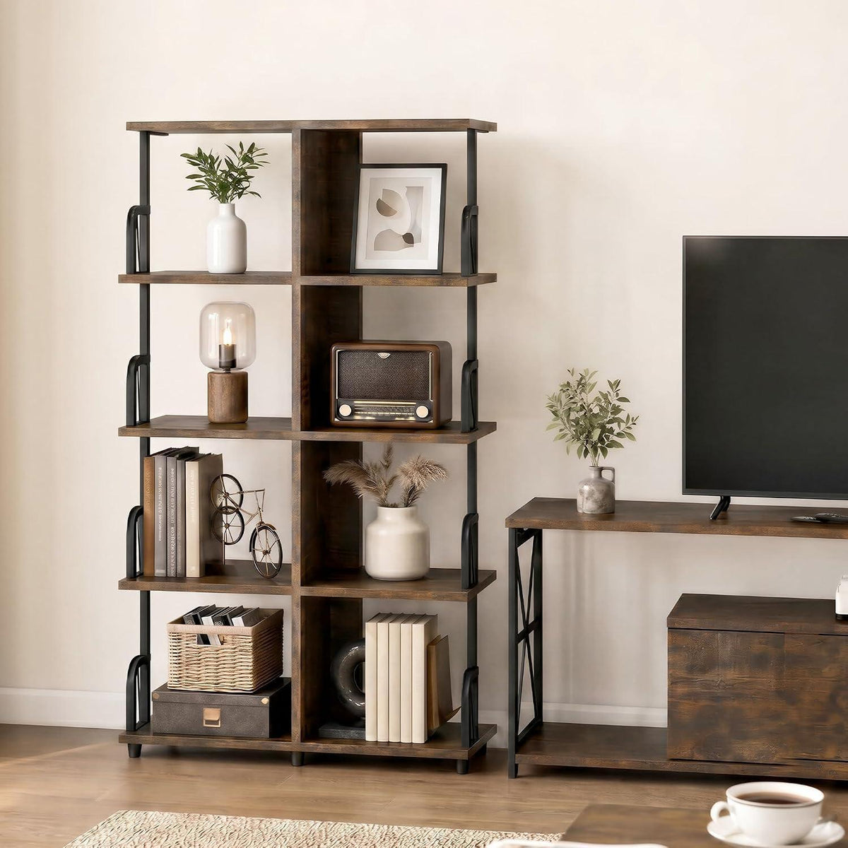 Hohes, schmales Bücherregal Industrial Style Braun Schwarz