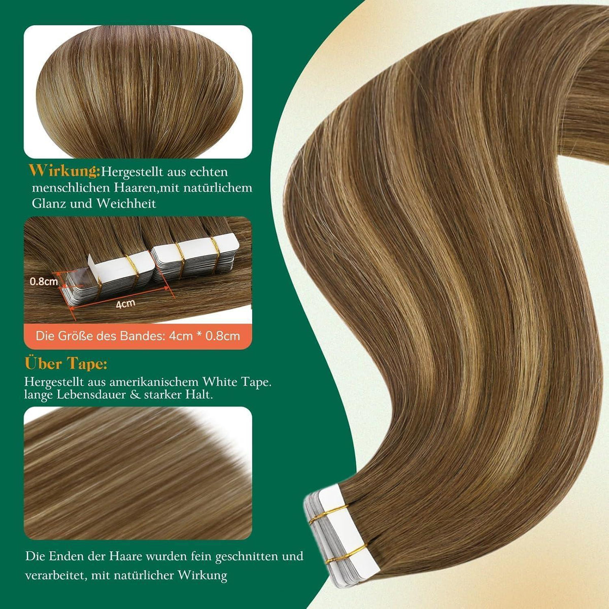 Echthaar Tape Extensions Ombre Braun 35cm 4/27/4