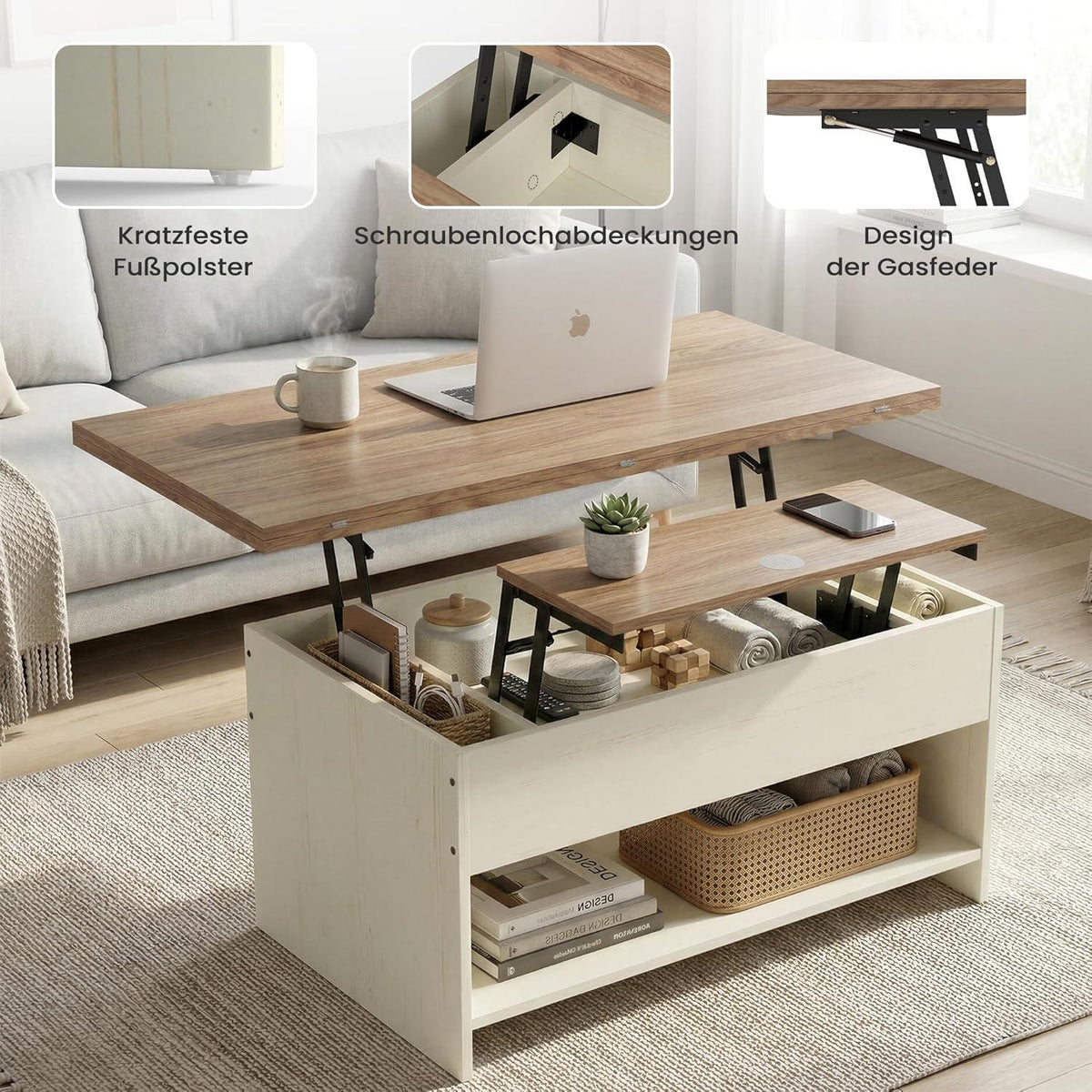 Höhenverstellbarer Couchtisch Holz mit Stauraum & Auszug