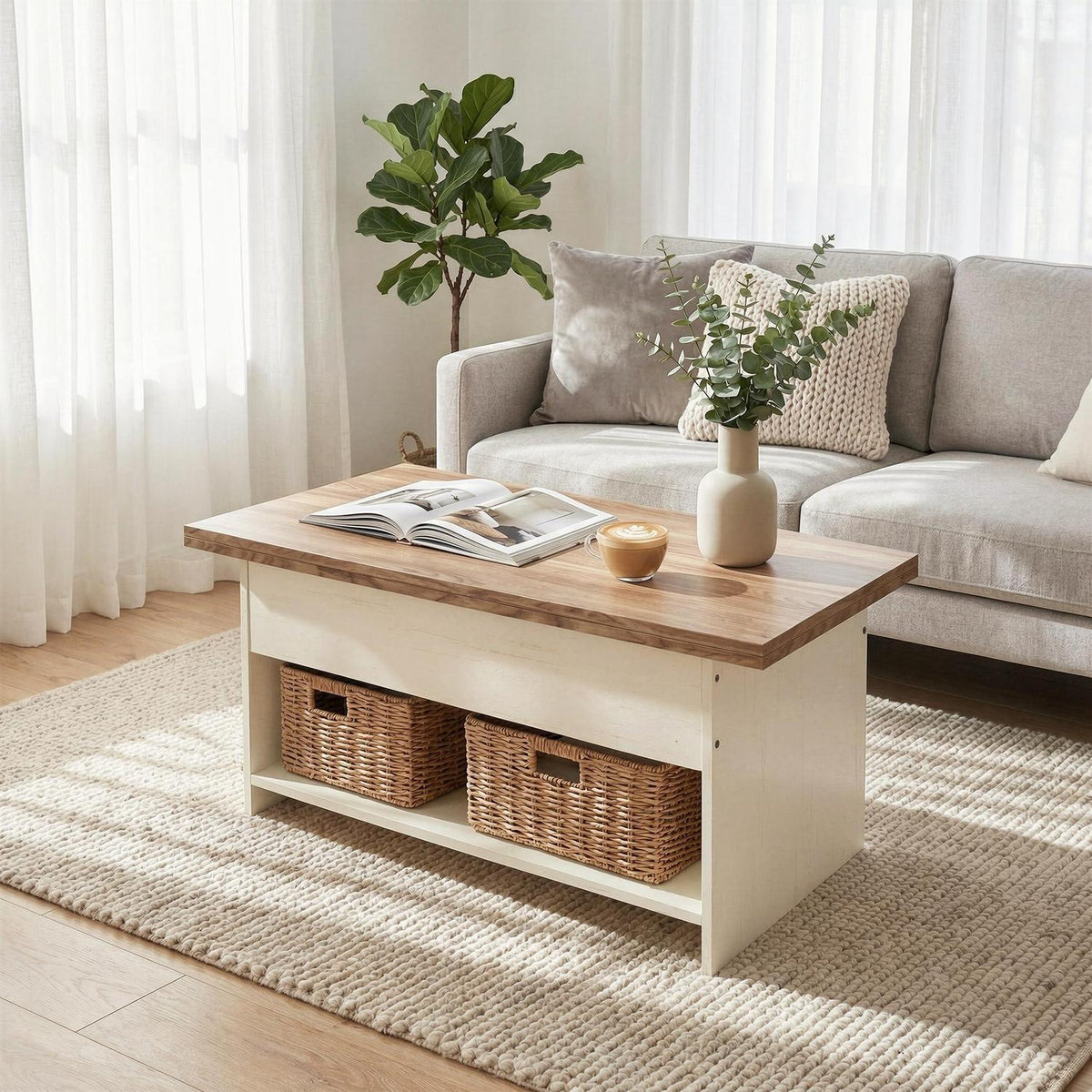 Höhenverstellbarer Couchtisch Holz mit Stauraum & Auszug