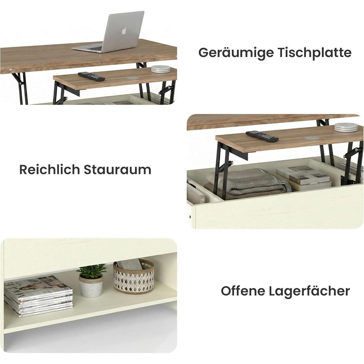 Höhenverstellbarer Couchtisch Holz mit Stauraum & Auszug