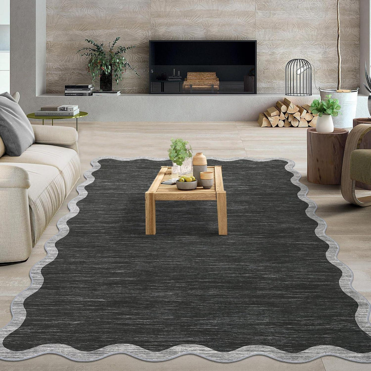 Rutschfester Teppich Wellenkante, Grau, 200x290 cm – Kinder & Haustierfreundlich