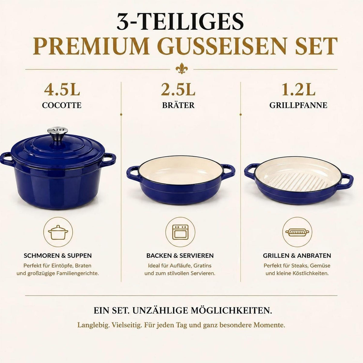 Emailliertes Gusseisen Topfset 4-teilig Blau – Dutch Oven & mehr