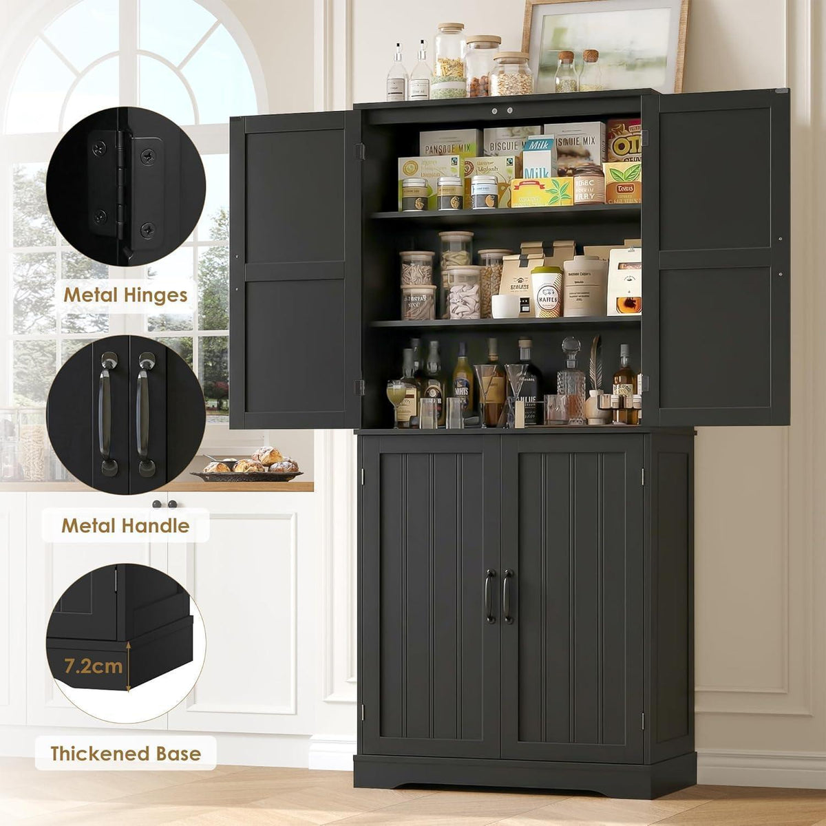 180 cm Küchenschrank mit 4 Türen – Buffetschrank Schwarz