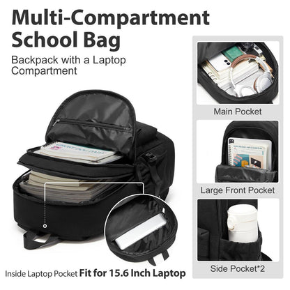 Schulrucksack Schwarz Wasserdicht mit Laptopfach für Teenager