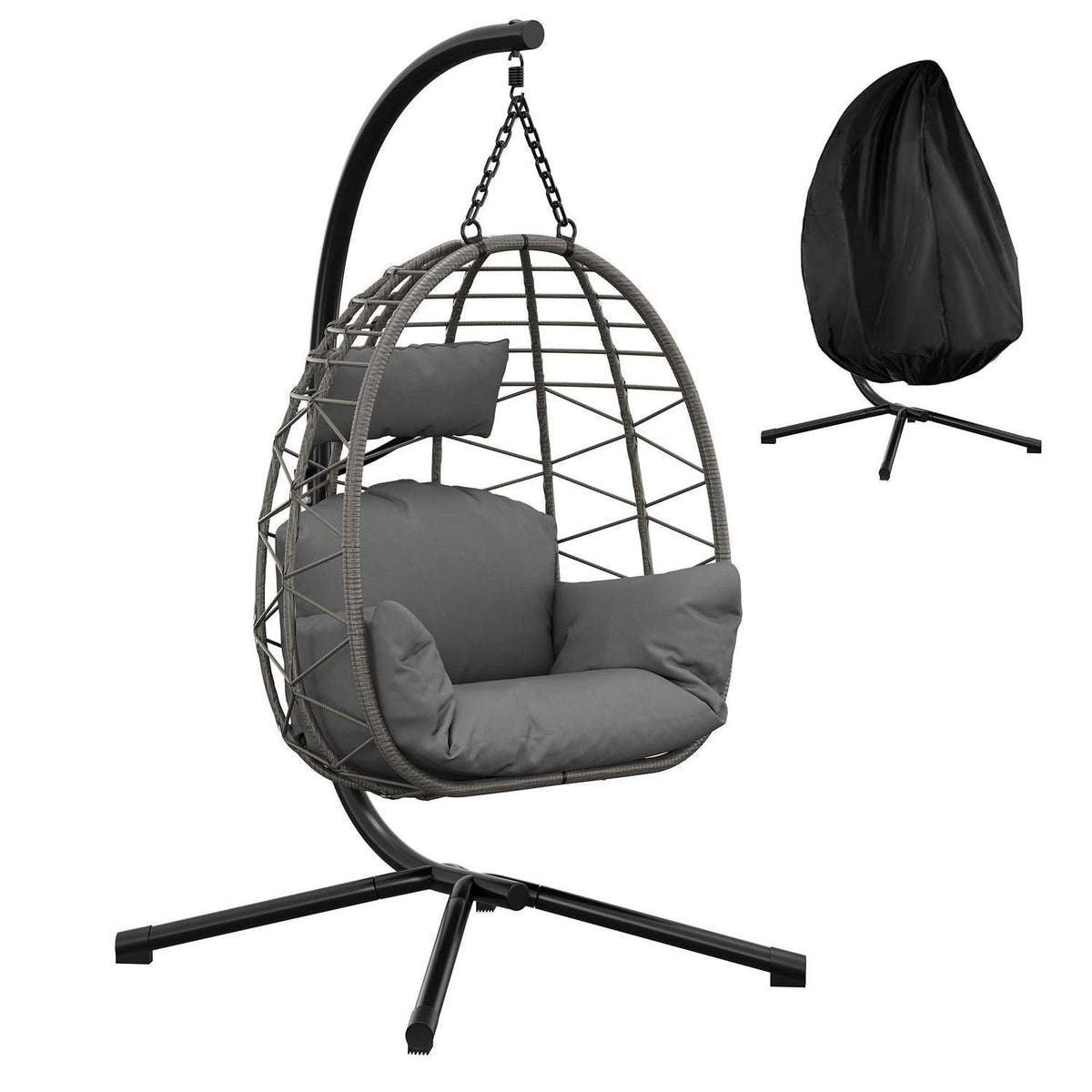 Rattan Hängesessel mit Gestell – Grau, Outdoor & Indoor