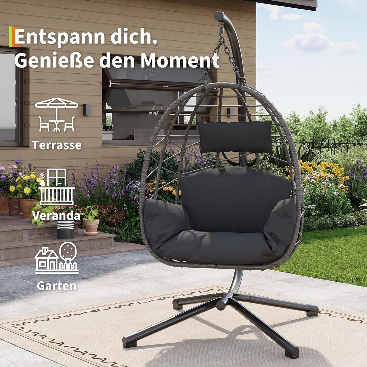 Rattan Hängesessel mit Gestell – Grau, Outdoor & Indoor