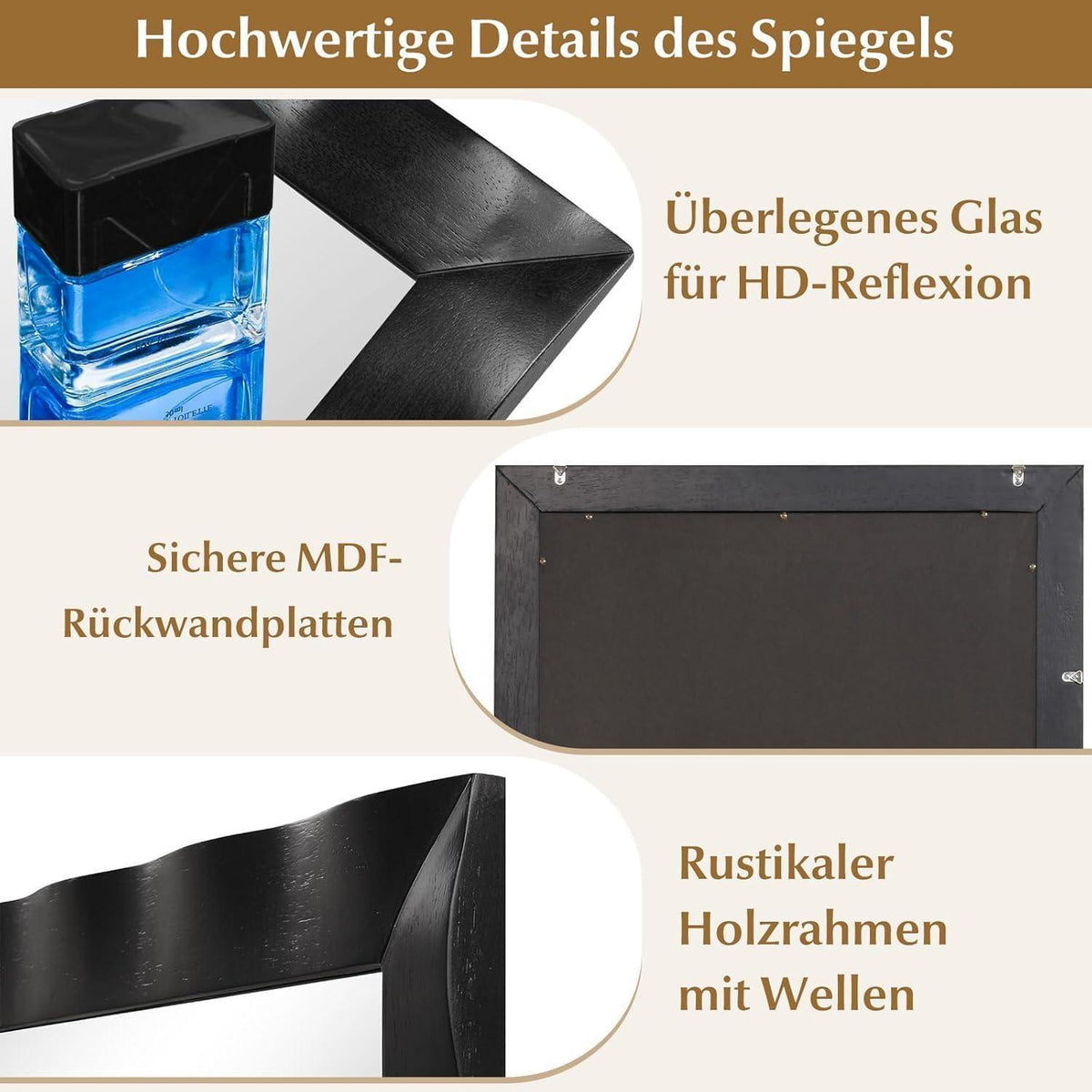 Wandspiegel Rechteckig Holzrahmen Wellenrelief Schwarz 106x71,5 cm
