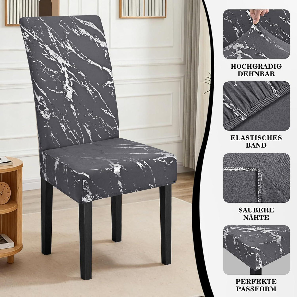 Stretch Stuhlhussen Set Dunkelgrau mit Silber - 4er Pack