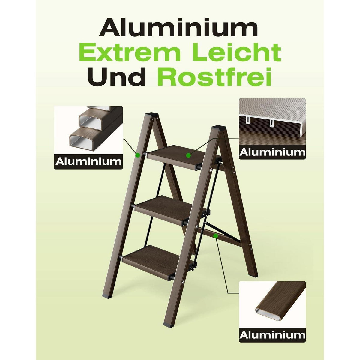 Trittleiter Aluminium Walnuss Optik 3 Stufen klappbar