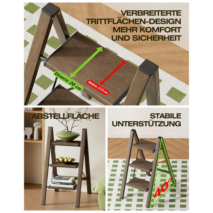 Trittleiter Aluminium Walnuss Optik 3 Stufen klappbar