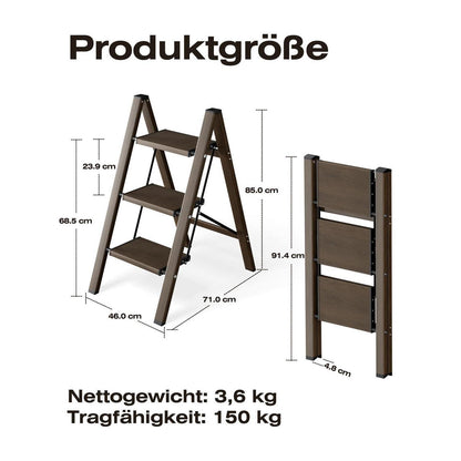 Trittleiter Aluminium Walnuss Optik 3 Stufen klappbar