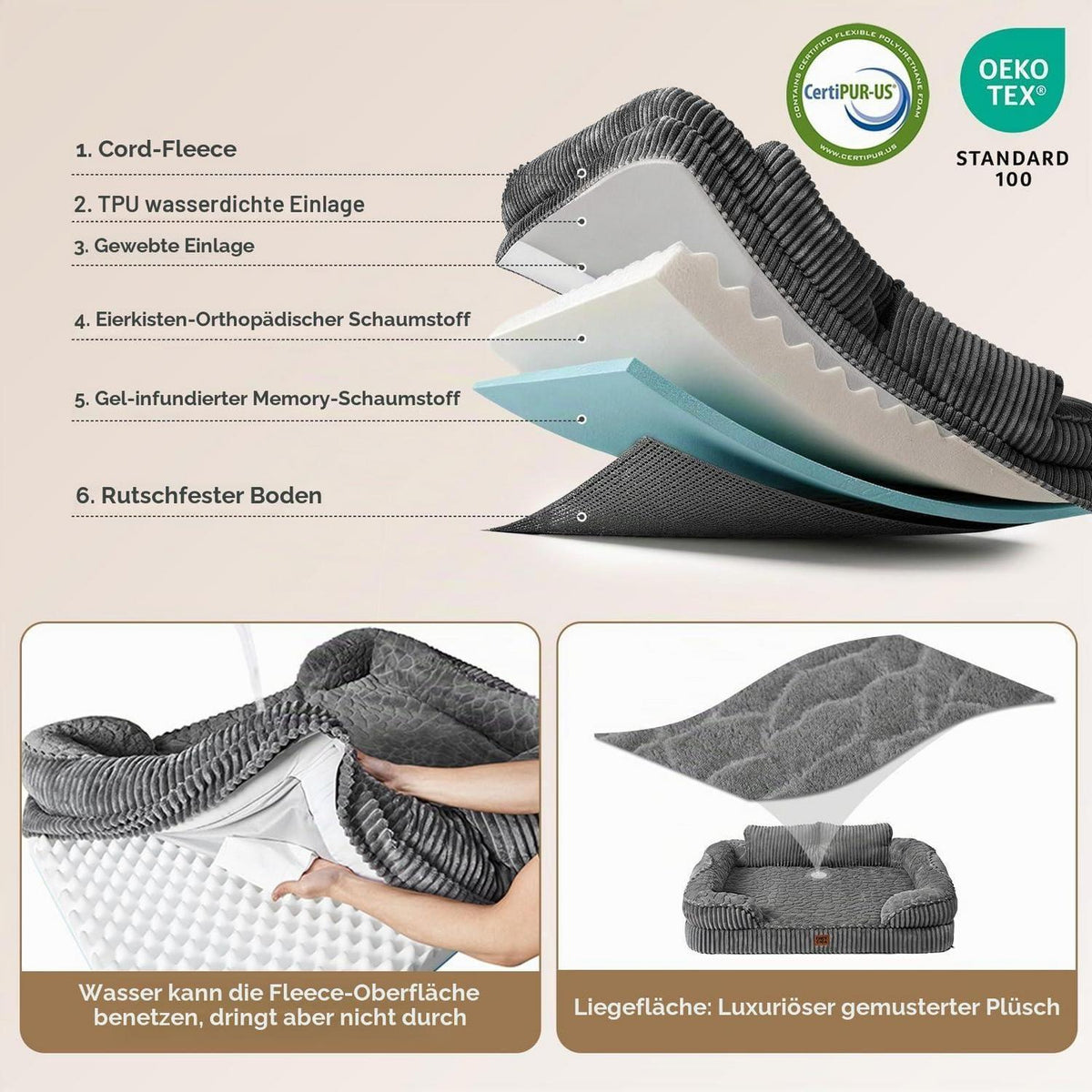 Orthopädisches Hundebett Groß, Grau – Bequemes Sofa für Hunde