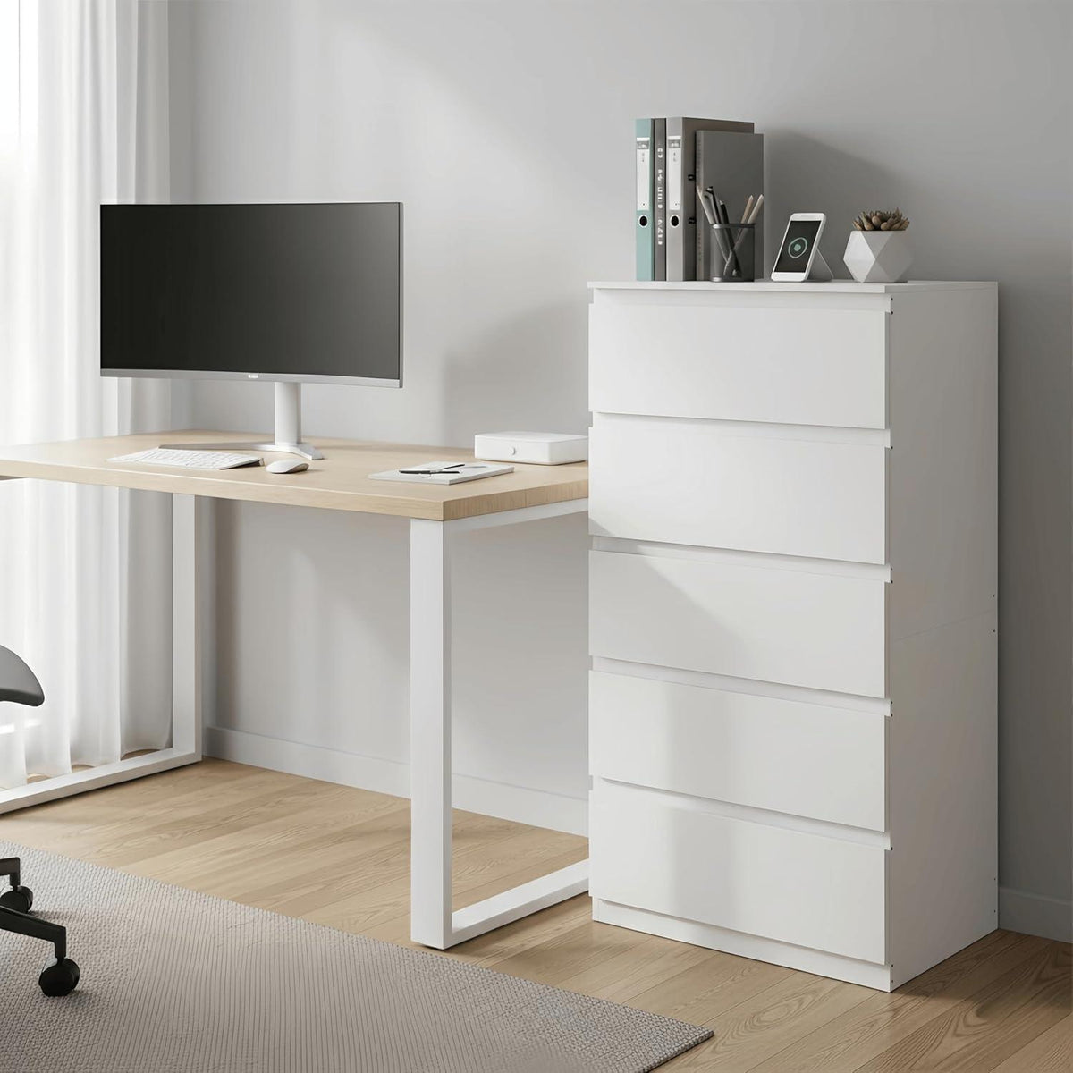 Kommode mit 5 Schubladen | Schmale Weiß Kommode für Schlafzimmer
