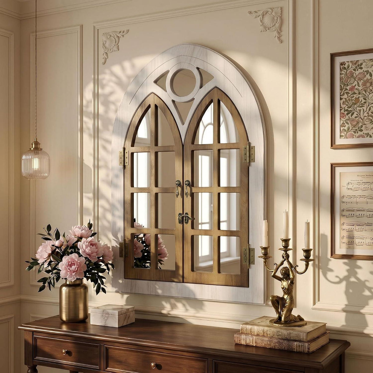Bogenfenster Spiegel mit Holzrahmen – Vintage Wanddeko