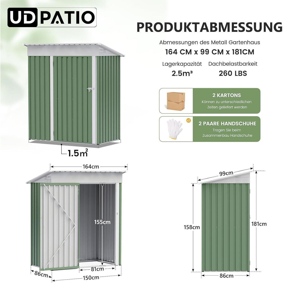 Metall Gartenhaus 2.1m³ Pultdach – 164x87x181 cm
