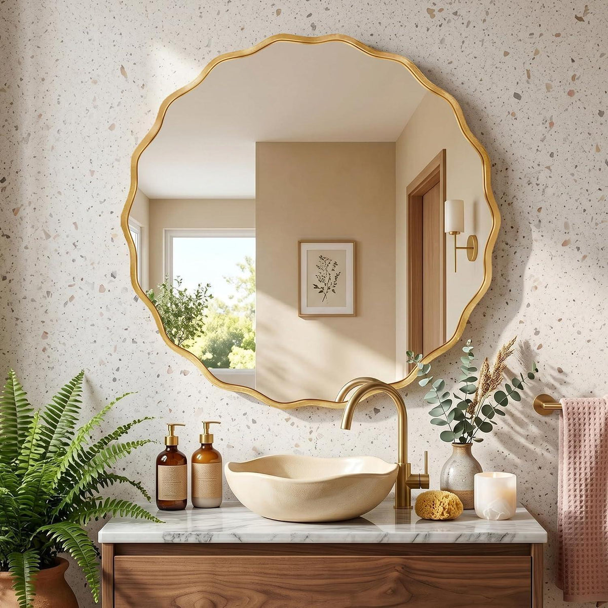 Runder Wellen-Wandspiegel Gold 60x60cm – Modernes Badezimmer Design