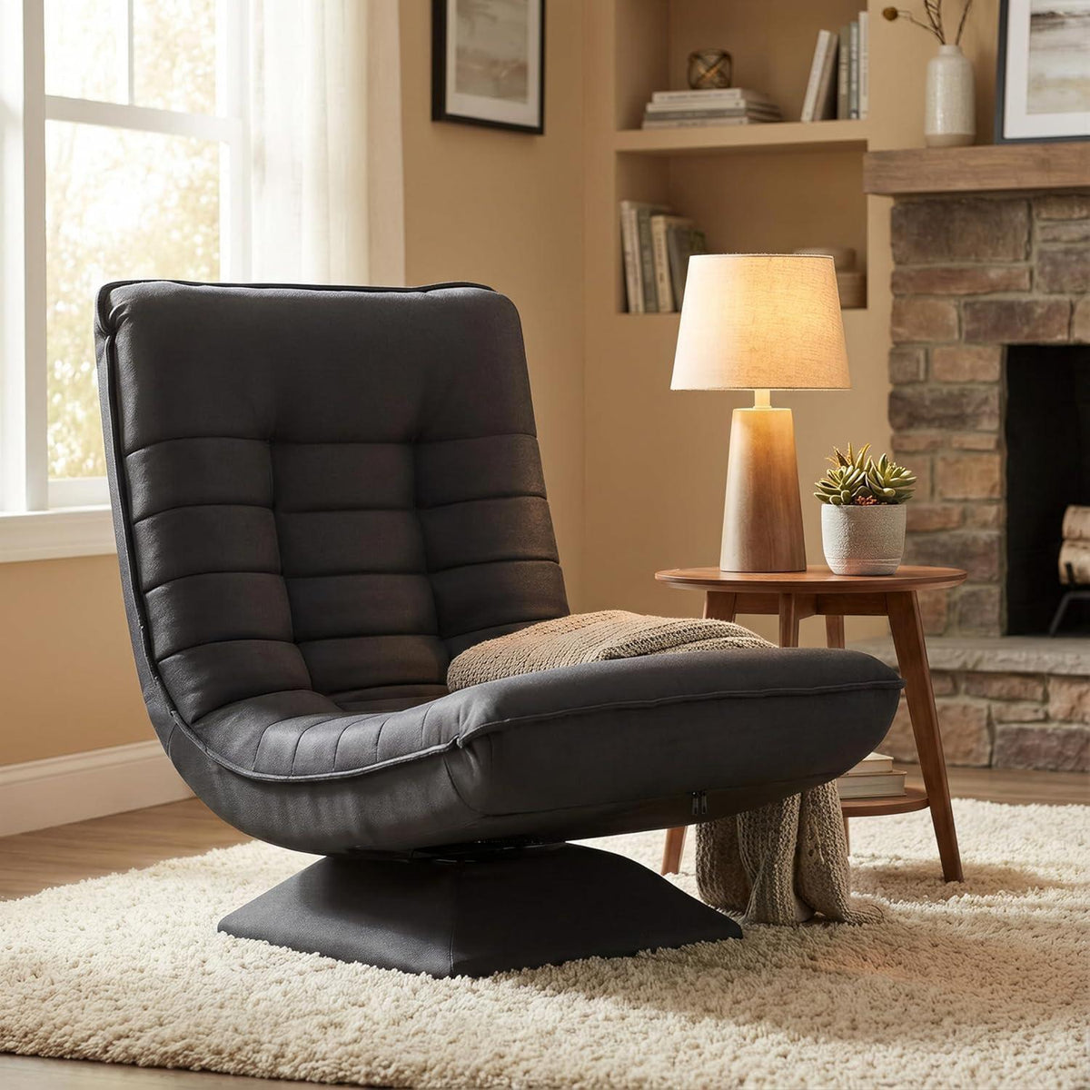 Verstellbarer Wohnzimmer Sessel – 360° Drehbar, Schwarz/Leinen