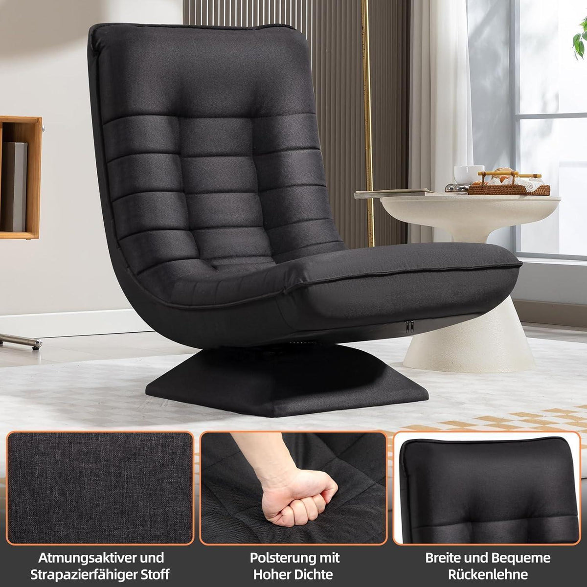 Verstellbarer Wohnzimmer Sessel – 360° Drehbar, Schwarz/Leinen
