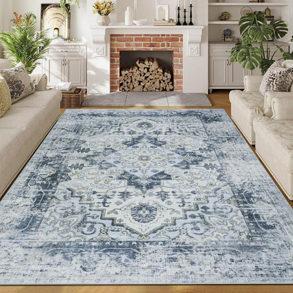 Waschbarer Vintage Teppich Blau 160x230cm – Boho Kurzflor Wohnzimmer