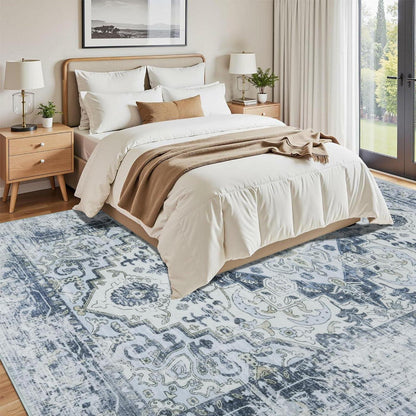 Waschbarer Vintage Teppich Blau 160x230cm – Boho Kurzflor Wohnzimmer