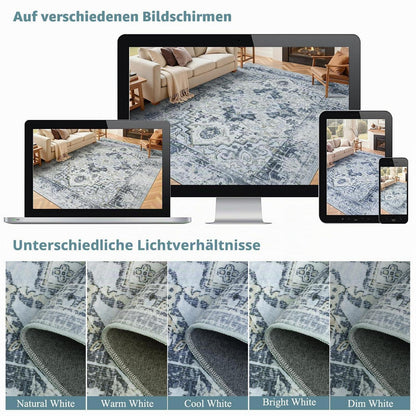 Waschbarer Vintage Teppich Blau 160x230cm – Boho Kurzflor Wohnzimmer