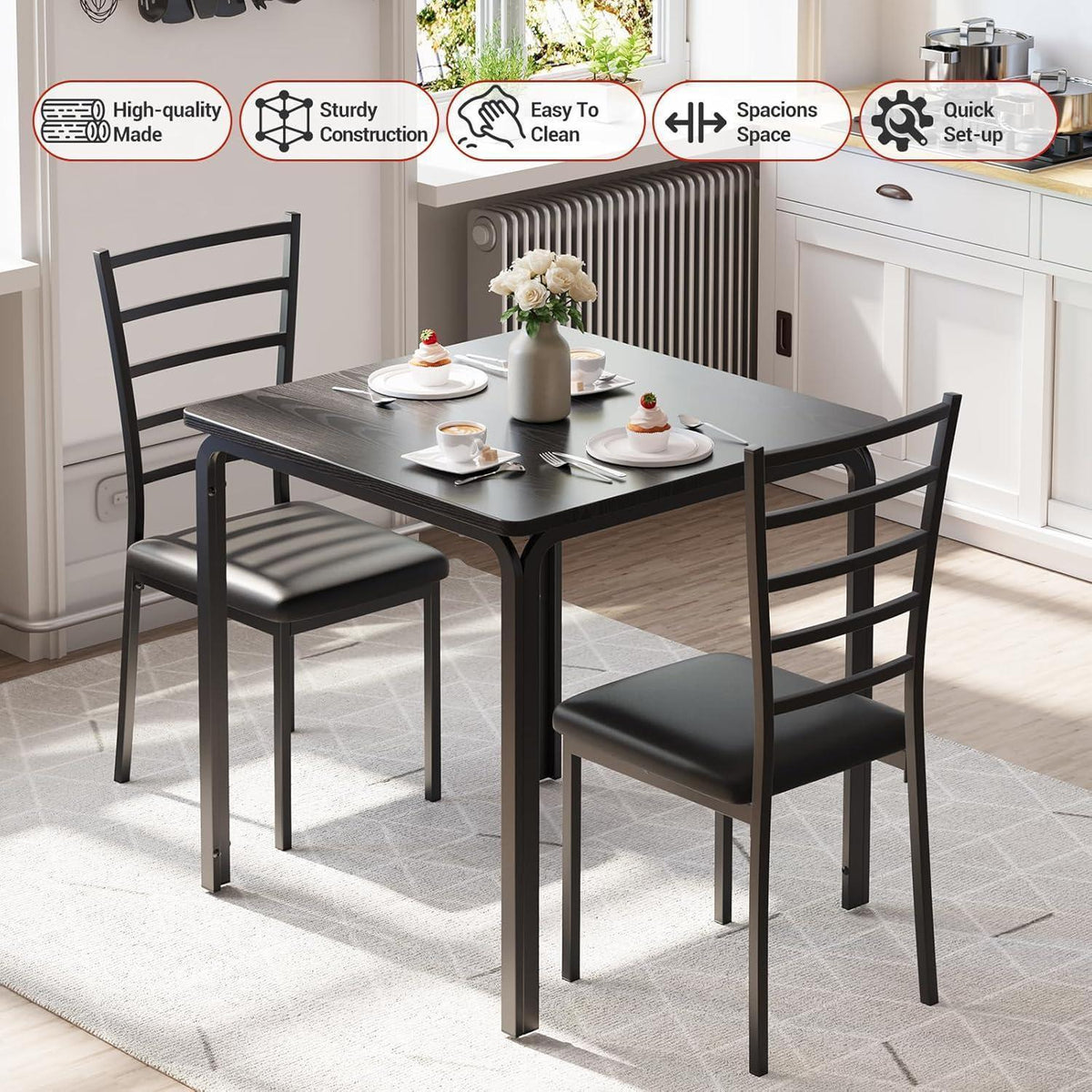 3-teiliges Esszimmer-Set Schwarz – Kleiner Esstisch mit Stühlen