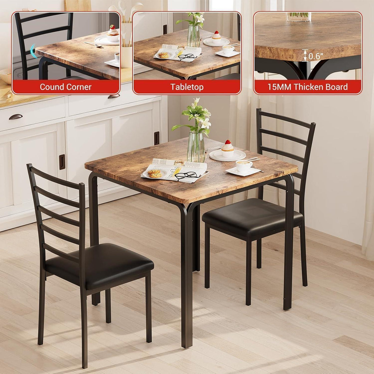 3-teiliges Esszimmer-Set Braun – Kleiner Esstisch mit Stühlen