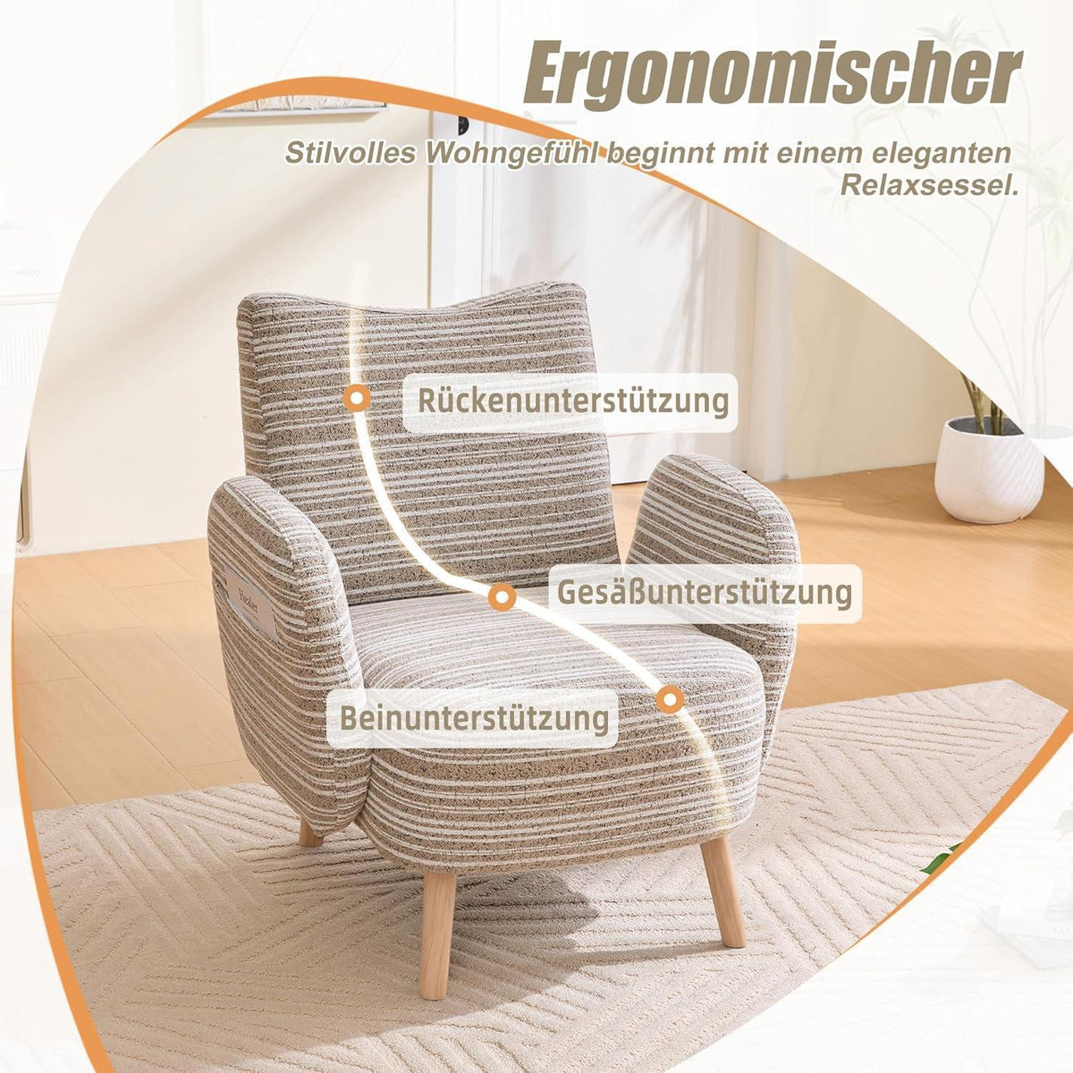 Ohrensessel Relaxsessel mit Bouclé Stoff & Massivholzbeinen Khaki