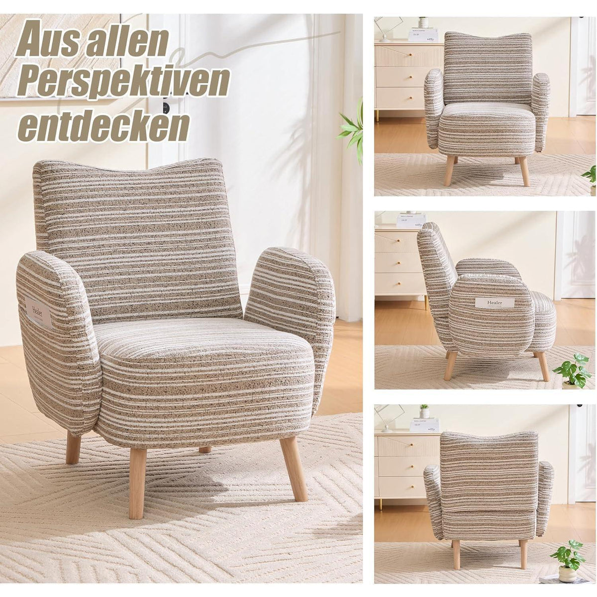 Ohrensessel Relaxsessel mit Bouclé Stoff & Massivholzbeinen Khaki