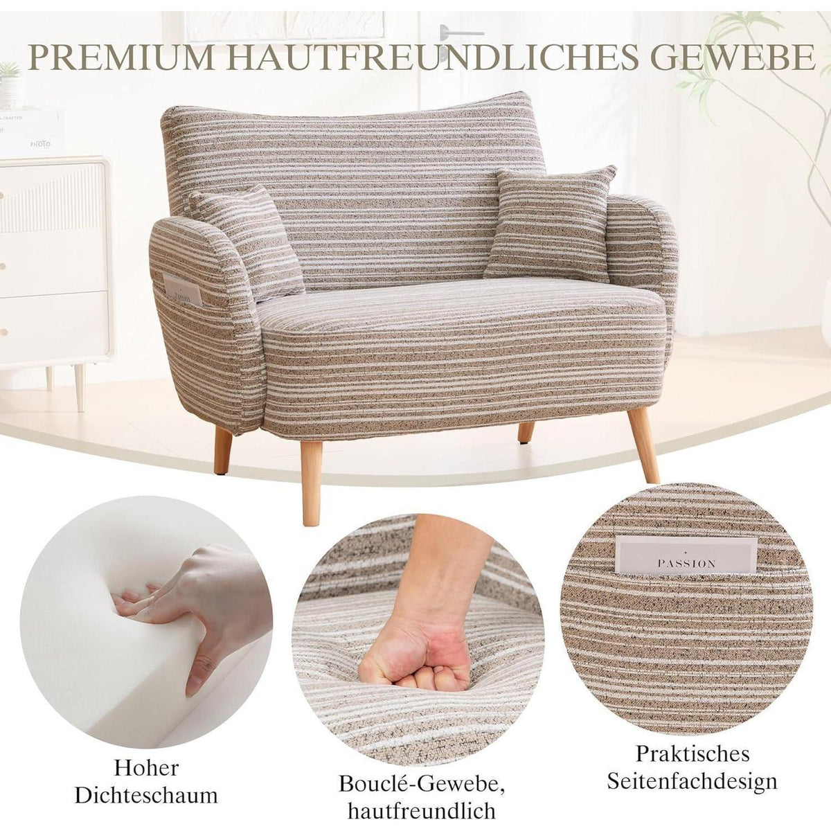 Relaxsessel mit Bouclé Stoff & Seitentaschen, Khaki