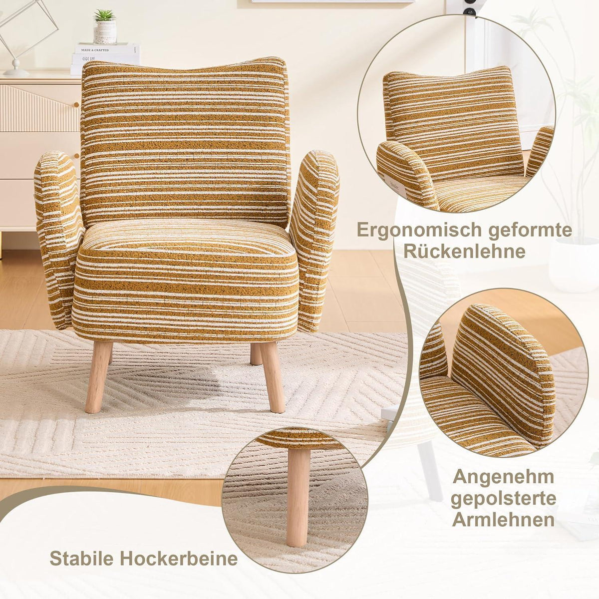Ohrensessel Relaxsessel Gelb mit Massivholzbeinen