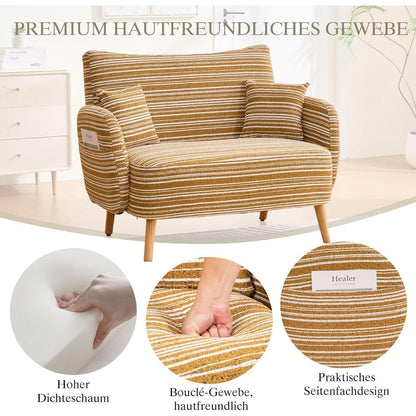 Gelber Bouclé Zweisitzer-Sessel mit Massivholzbeinen
