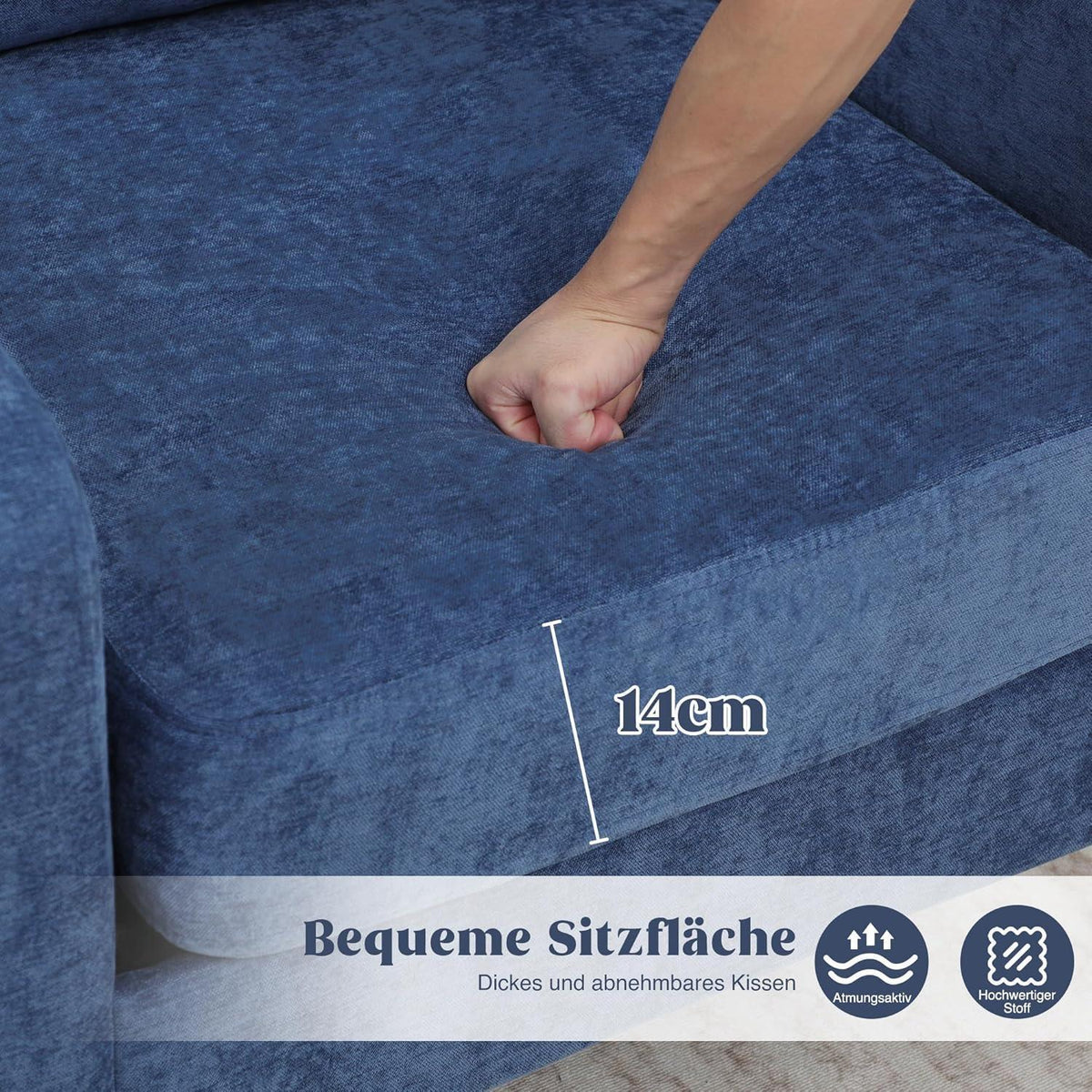Blauer Lesesessel mit Holzbeinen – Bequemer Wohnzimmerstuhl