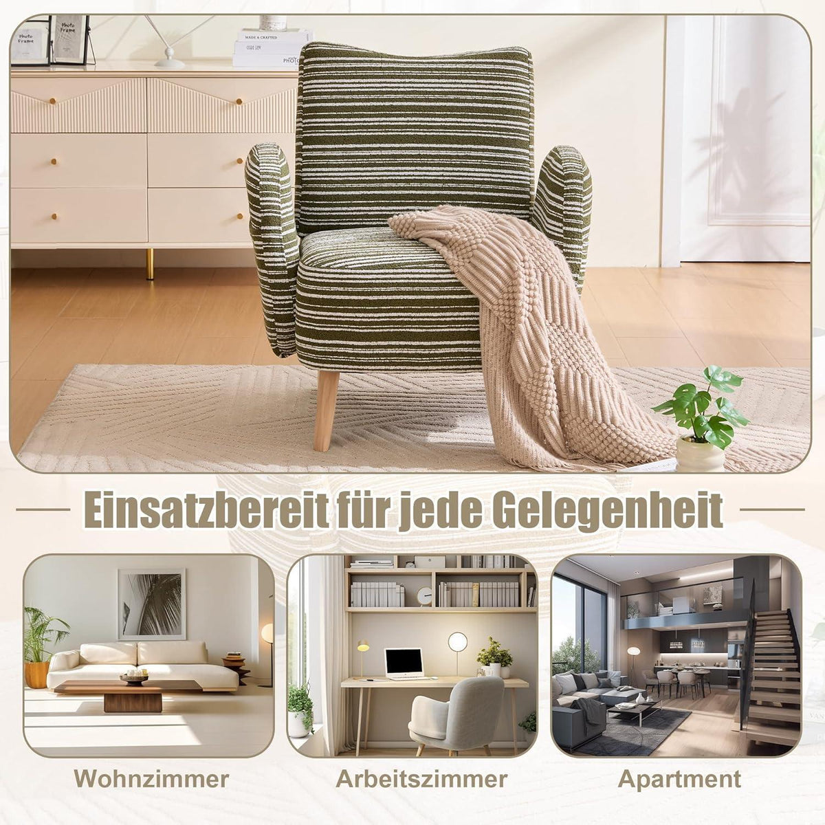 Ohrensessel Relaxsessel Bouclé Olivgrün – Bequemer Lesesessel mit Stauraum