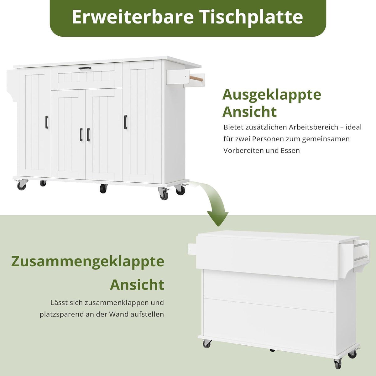 Mobile Kücheninsel mit Klappplatte & Gewürzregalen – Weiß