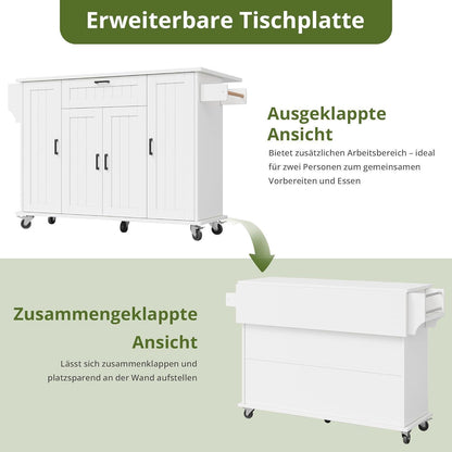 Mobile Kücheninsel mit Klappplatte & Gewürzregalen – Weiß