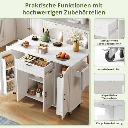 Mobile Kücheninsel mit Klappplatte & Gewürzregalen – Weiß