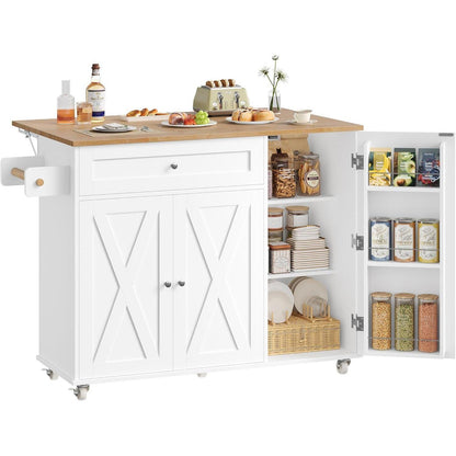 Kücheninsel mit Rollen & Klappbarer Arbeitsplatte – Weiß
