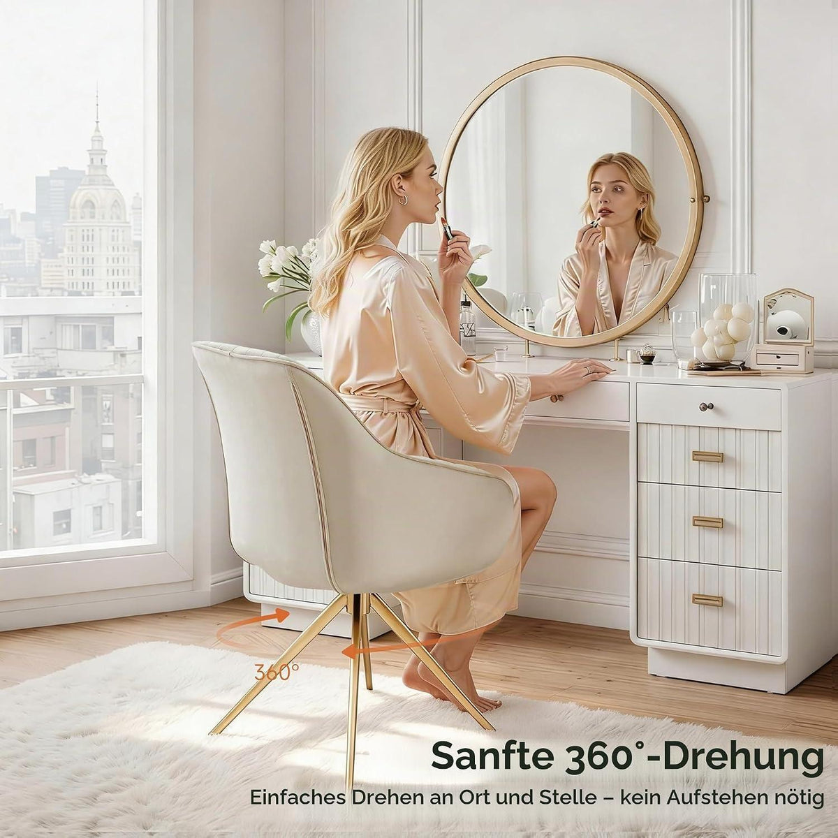 Drehstuhl Esszimmer Beige – Samt Sessel mit Armlehnen