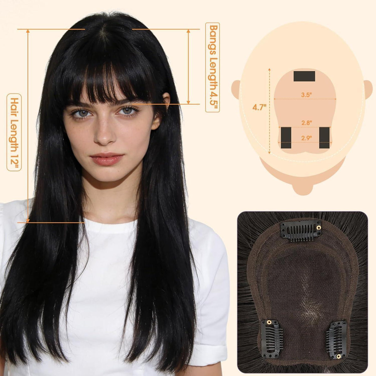 Echthaar Topper mit Wispy Pony – Natürliches Schwarz
