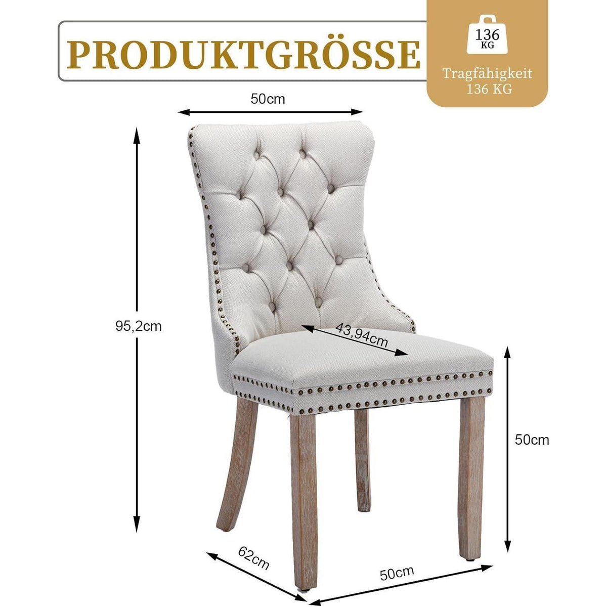 Gepolsterte Esszimmerstühle 2er-Set, Beige Leinenstoff
