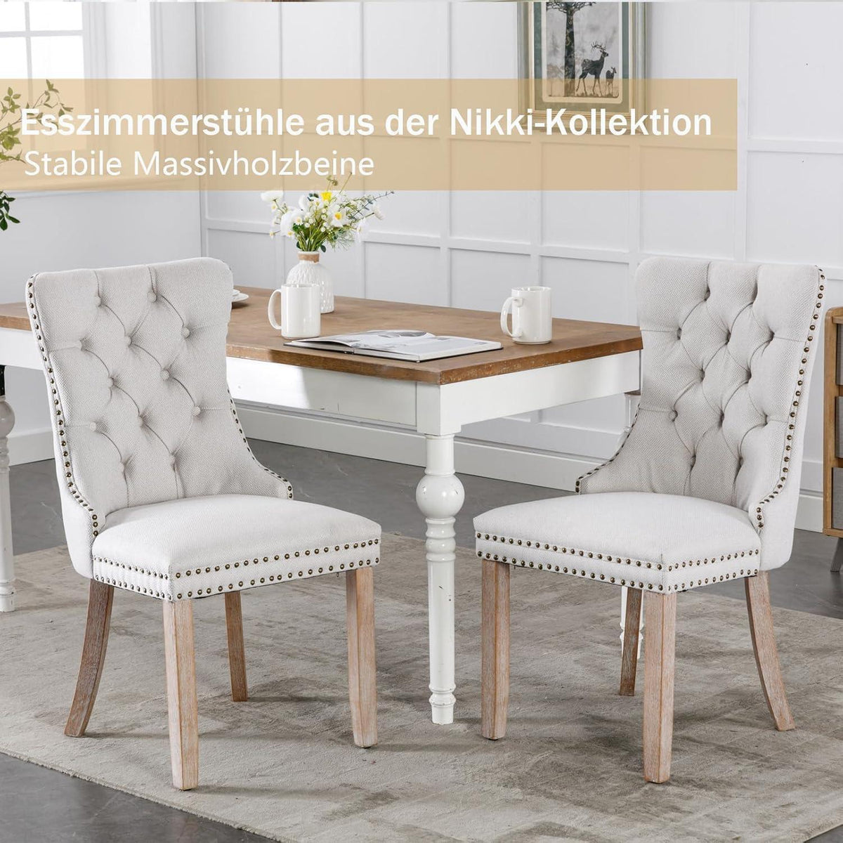 Gepolsterte Esszimmerstühle 2er-Set, Beige Leinenstoff
